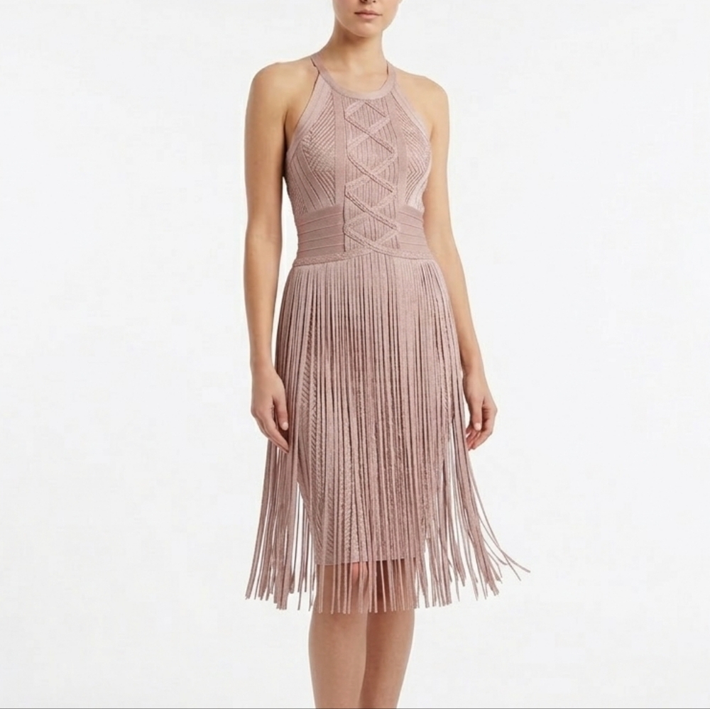 Fringe Bandage Halter Dress Size XS Nevada Love Nude Beige Bodycon Flapper Gala